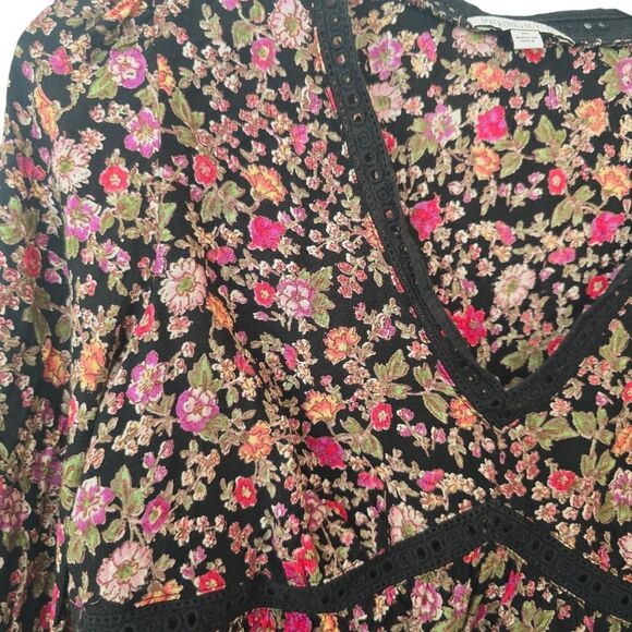 Patrons of Peace -674 Long Sleeve Boho Cottagecore Blouse Black Floral Medium - Picture 4 of 9
